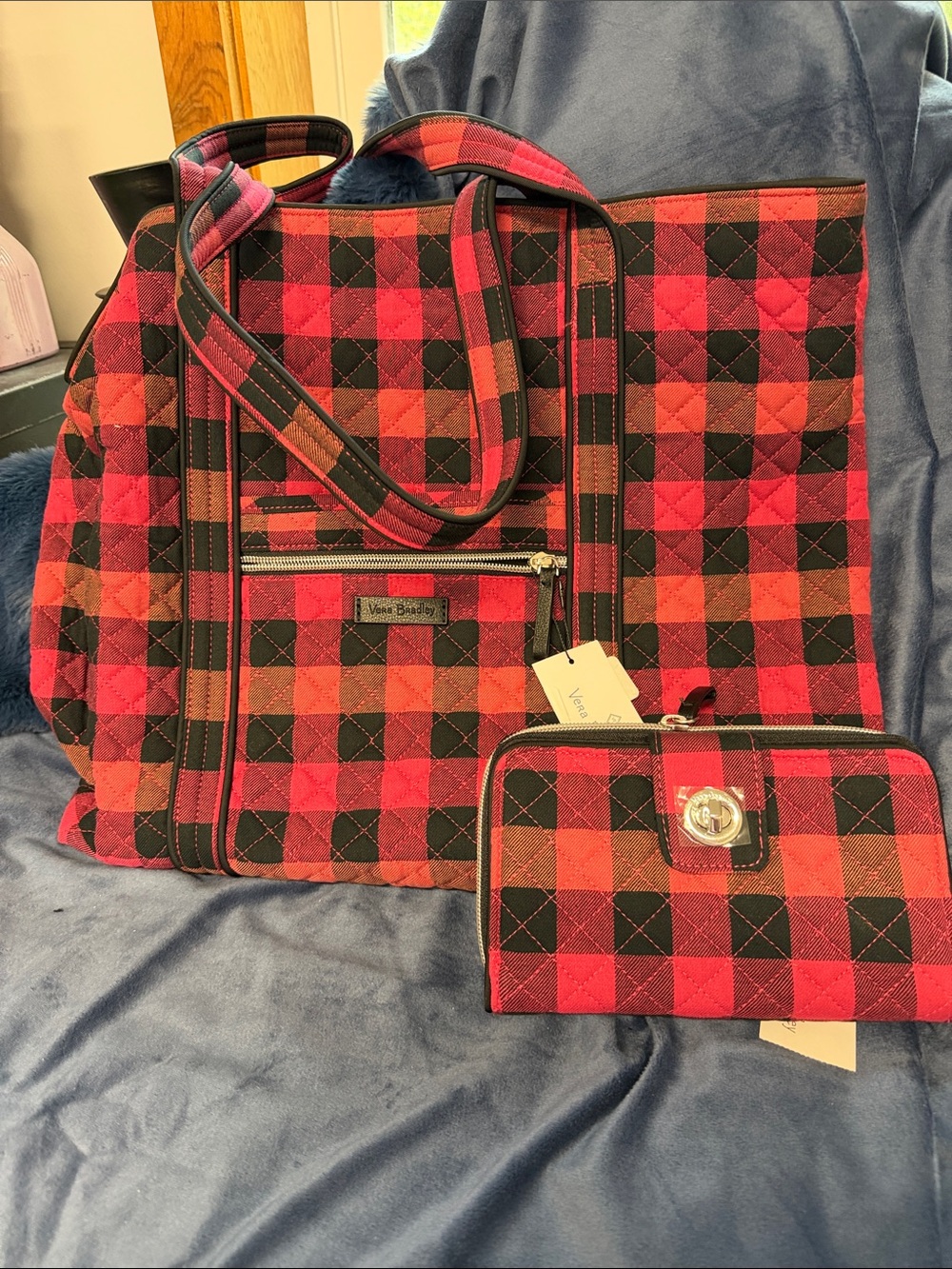 Vera Bradley Red and Black Buffalo Plaid Quilted Tote with Matching Wallet